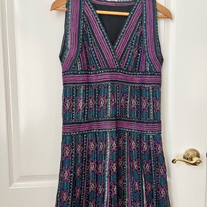 Sleeveless V-Neck Midi Dress in Teal and Purple Stripes S size